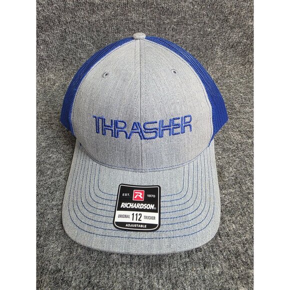 Richardson 112 Trucker Hat Thrasher Blue Logo Gray Front Snapback Adjustable - Picture 1 of 7